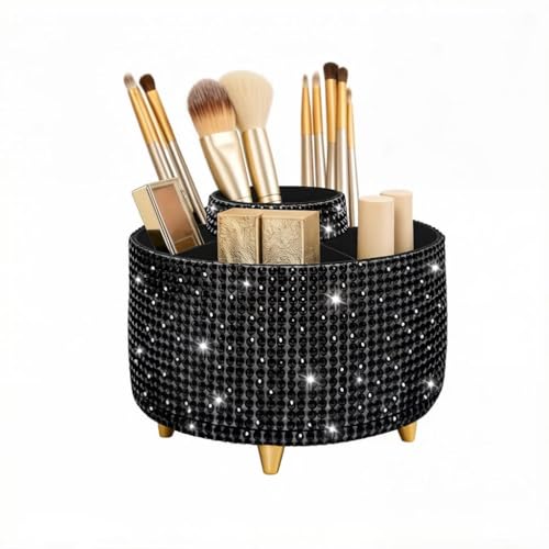 Bling Makeup Brush Holder,360° Rotating Makeup Brush Organizer,5 Slot Make up Brushes Cup for Cosmetics,Large Capacity,For Nail Polish, Art Supply, Bathroom Vanity,Cosmetics Organizer,Diamond Black - color: Diamond Black