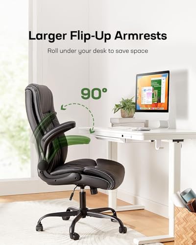Marsail Executive Office Chair with Flip-up Armrests,PU Leather Ergonomic Desk Chair Height-Adjustable Swivel Rolling Desk Chair (Dark) - color: Dark