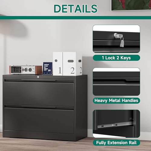 2 Drawer File Cabinet with Lock,Lateral File Cabinet,35.4" W Metal File Cabinets for Home Office,Hanging Files Letter/Legal/F4/A4 Size (Black-Assembly Required) - color: Black, size: 2 Drawer-Lateral-36"W