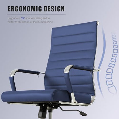Okeysen Navy Blue Office Desk Chair, Ergonomic Leather Modern Conference Room Chairs, Executive Ribbed Height Adjustable Swivel Rolling Chair for Home Office. - color: Blue