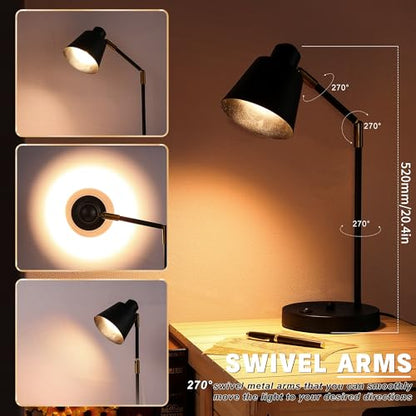 Anxingtools LED Desk Lamp with Dual USB Charging Ports, 100% Metal, 270° Swivel Arms, Soft White Light (3000K), Bedside Reading Lamp, Home Office Lamp (Black) - color: Black