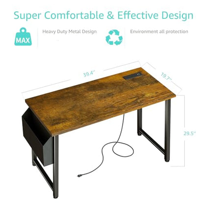 Lufeiya 40 inch Computer Desk with Power Outlet, 39 inch Teen Study Table Home Office Work Writing Desk with Charging Station Outlets Built in, Rustic Brown - color: Rustic Brown, size: 39.4"