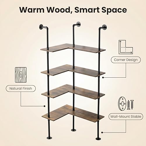 Industrial Pipe Corner Bookshelf, Wall Ladder Shelves/Shelving/Bookcase | 4 Tiers Wood Floating Shelf, Heavy Duty L Shaped Metal Pantry Shelving Rack for Living Room, Bedroom, Home, Office, Kitchen