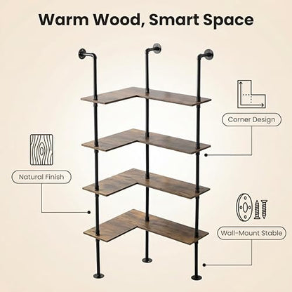 Industrial Pipe Corner Bookshelf, Wall Ladder Shelves/Shelving/Bookcase | 4 Tiers Wood Floating Shelf, Heavy Duty L Shaped Metal Pantry Shelving Rack for Living Room, Bedroom, Home, Office, Kitchen