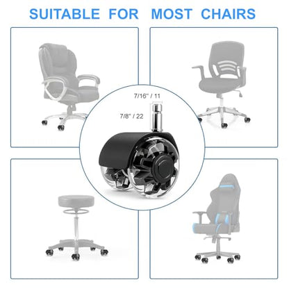 Office Chair Wheels Dual Rubber 2'' (Set of 5) Heavy-Duty Chair Wheels Support 2200lbs, Mute Rubber Chair Casters for Hardwood Floors and Carpet, Universal Fit 7/16 x 7/8 Inch (Black)