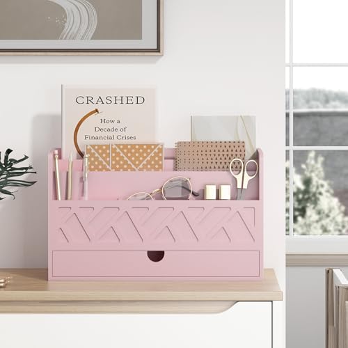 Wisuce Bamboo Mail Organizer with Drawer, Countertop Desk Organizer (Pink) | Made from Natural Bamboo Multi-Compartment Design Built-In Drawer No Assembly Required - color: Pink