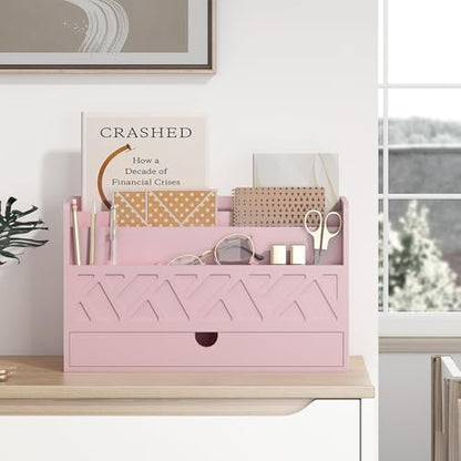 Wisuce Bamboo Mail Organizer with Drawer, Countertop Desk Organizer (Pink) | Made from Natural Bamboo Multi-Compartment Design Built-In Drawer No Assembly Required - color: Pink