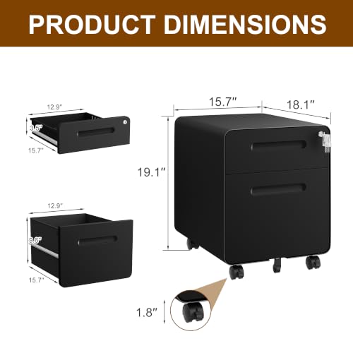 2 Drawer Mobile Low Profile File Cabinet with Lock and 4 Keys | Metal Filing Cabinet for Home Office, Under Desk, Pre-Assembly, File Drawer, Letter/Legal/A4 Hanging File Folders - color: Black, size: 19.1"H*15.7"W-2 Drawers