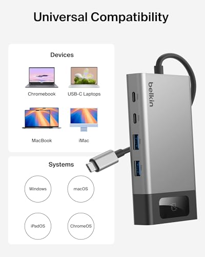 Belkin USB C Hub, 8-in-1 Multi-Port Hub 100W - Dual Display Support for Windows & Chromebook + Mirrored Support for macOS w/Monitor Privacy, Ethernet, Resolutions up to 4K@60Hz - Travel Essentials - style: 8-in-1 Hub