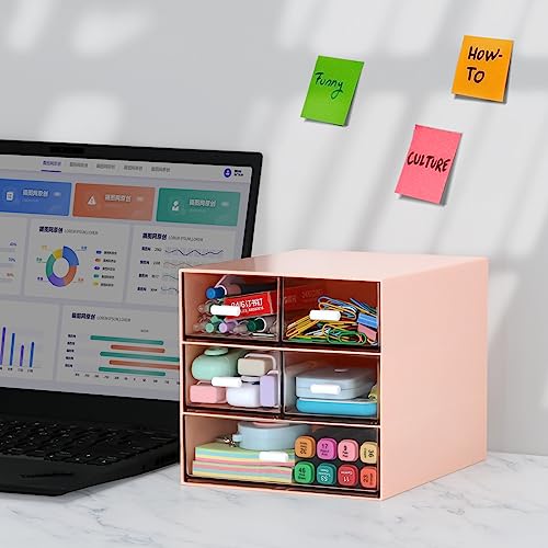 Desk Organizer with 5 Drawers, Rectangular Office Stationery Supplies Desktop Drawers, Plastic Makeup Storage, Suitable for Office, School, Home (Pink & 5 Drawers) - color: Pink & 5 Drawers