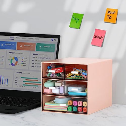 Desk Organizer with 5 Drawers, Rectangular Office Stationery Supplies Desktop Drawers, Plastic Makeup Storage, Suitable for Office, School, Home (Pink & 5 Drawers) - color: Pink & 5 Drawers