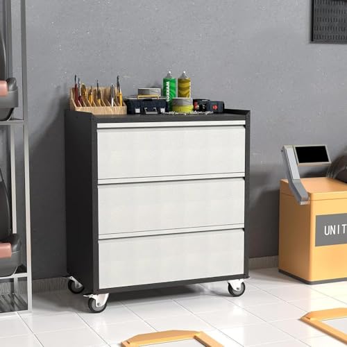 3 Drawer Rolling Garage Storage Cabinet, Small Metal Tool Cabinet with Drawer, Tool Chest & Cabinet for Workshop, Garden, Home, Office, Assembly Required, Black/Gray - size: 18.11"D x 30.29"W x 35.42"H