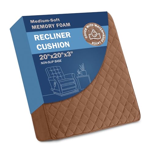 Medium-Soft 20x20x3 Memory Foam Recliner Chair Seat Cushion for Long Sitting - Armchair Pad with Washable Velvety Cover with Waterproof Layer & Non-Slip Base for Seniors & Elderly - Brown - color: Brown, size: 20x20x3"