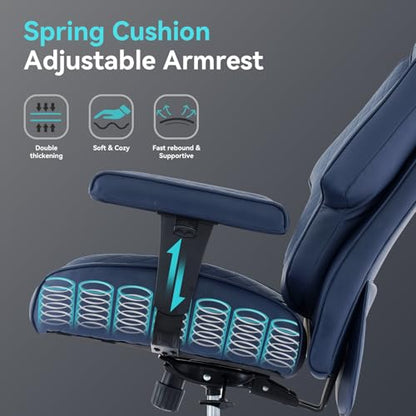 EXCEBET 400lbs Big and Tall Executive Office Chair, Blue PU Leather | Retractable footrest, 135° recline, Lumbar support, Ergonomic high back, Heavy-duty design, Thick cushion, Padded armrests - color: Navy Blue