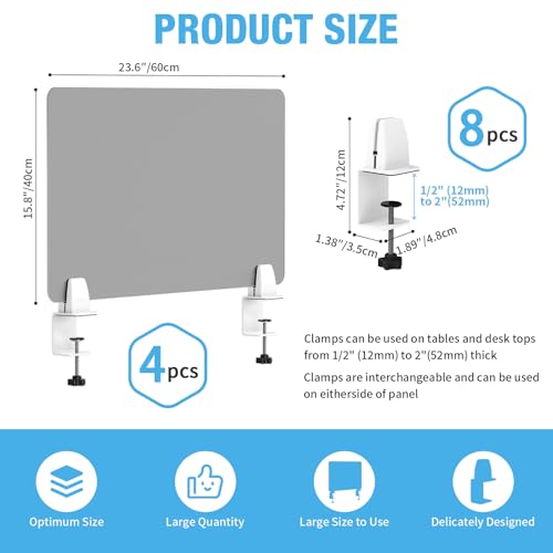 Desk Divider 4 Pcs Desk Privacy Panel 23.6''L x 15.8W'' Office Partitions Grey Acrylic Panel Pack of 4 Desk Divider Partition with Adjustable Universal Base - size: 23.6''L x 15.8W''