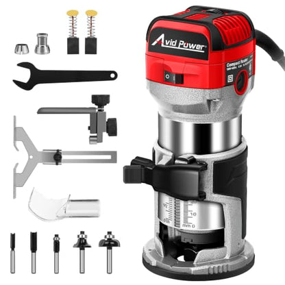 AVID POWER 6.5 Amp 1.25 HP Compact Router Tools for Woodworking, Fixed Base Wood Router with Trim Router Bits, 6 Variable Speeds, Edge Guide, Roller Guide, Dust Hood (Red, 65mm) - color: Red