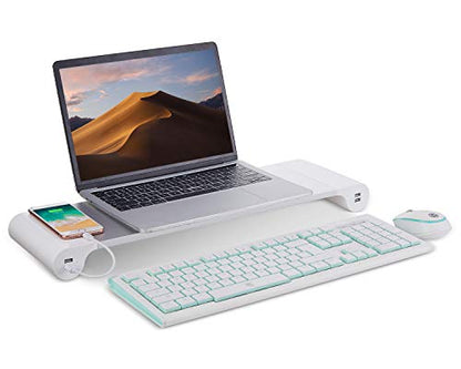 PG Silver Monitor Stand Riser with 4-Port USB Charging ports, Convenient keyboard organiser,Desktop Organizer for Computer, Laptop, TV, Printer - Ergonomic Keyboard Tray & Storage Shelf.