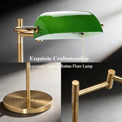 Vintage Modern Bankers Reading Floor Lamp, Gold Metal Standing Lamp with Adjustable Swing Arm, Swivel Green Glass Lampshade and Pull Chain for Living Room, Reading Nook, Office, Bedroom