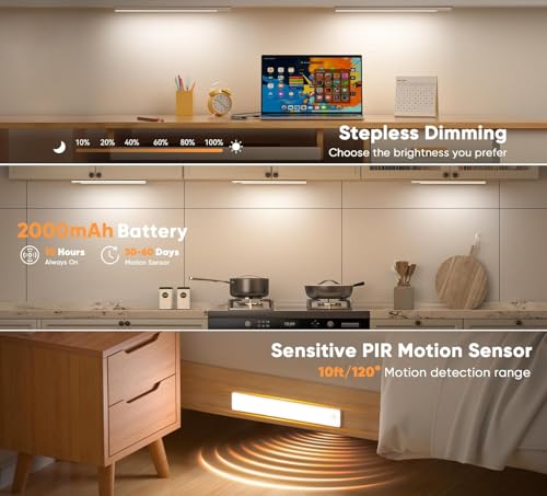 Under Cabinet Lighting, 3 Color Temperatures Motion Sensor Light Indoor 2 Pack, USB Rechargeable Battery Operated Closet Lights, Wireless Dimmable LED Cabinet Lights, Under Counter Light for Kitchen