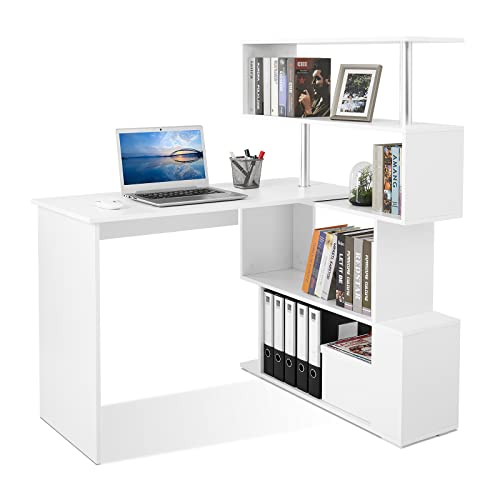 Mondeer 41.7" L-Shaped Desk with 4-Tier Shelves for Home Office, White - color: White