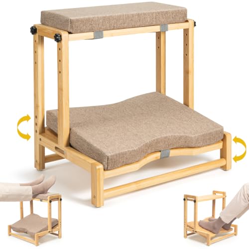 Two-Tier Bamboo Desk Footrest, Adjustable Ergonomic Leg Rest with Cushion | Adjustable 4 Heights Leg Rest with Removable Cushion, Wide Ergonomic Platform Ideal for Office, Gaming, and Study