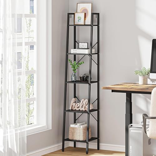 Hzuaneri Ladder Shelf, Bookshelf, Freestanding Corner Storage Shelf | Bookcase with 2 Hooks for Office, Living Room, Kitchen, Bedroom, Industrial, 11.8"D x 13.4"W x 63"H, Black BC03204B - color: Black, size: 11.8"D x 13.4"W x 63"H