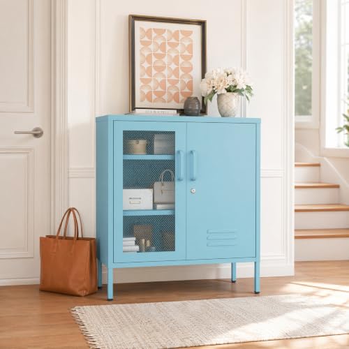 Lockable Metal Storage Cabinet Locker, Multifunctional Versatile Storage Lockers with Adjustable Shelves and Mesh Door, Durable Metal Sideboard Furniture for Restaurant Home Office Blue - color: Blue, style: 33"H-Locker-WT