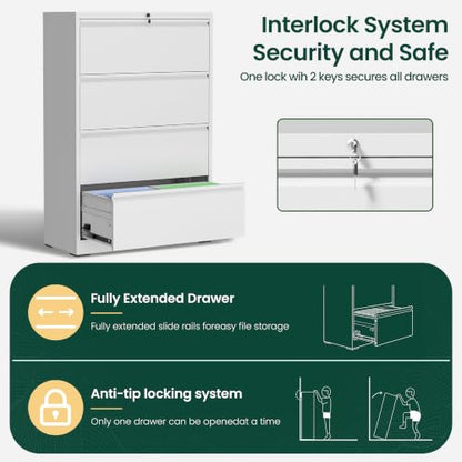 4 Drawer Lateral File Cabinet, Metal Filing Cabinet for Home Office, White | Heavy-Duty Steel Locking Large File Cabinet, Hanging Letter/Legal/A4 Size, Full-Extension Silent Drawer, Un-Assembly - color: White, size: 4 Drawers (35.43 in Width)