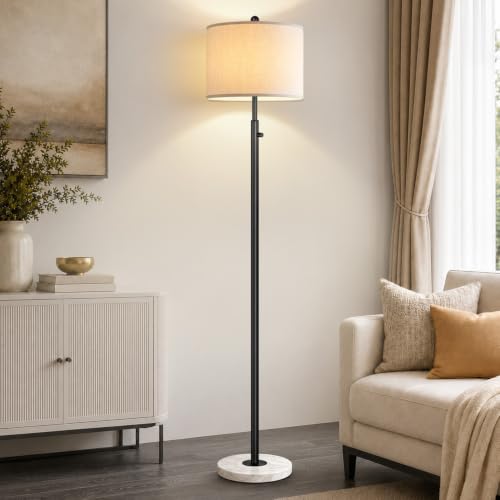 Nintiue Dimmable Floor Lamp for Living Room, 11W LED Bulb Included, Modern Standing Lamp with Marble Base, Tall Pole Light with White Linen Shade for Bedroom Reading Office Corner Nursery-Black - color: Matte Black-Marble-Line Shade