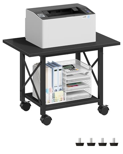 Printer Stand, 23.6" Under Desk Printer Table with Locking Wheels and Adjustable Feet, 2-Tier Heavy Duty Printer Cart with Shelf, Large Storage Rack for Home Office, Living Room, Black TPS01BB - color: Black