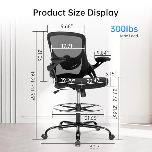 Drafting Chair Ergonomic Comuputer Standing Desk Chair with Flip-Up Arms and Lumbar Support, Tall Office Chair with Adjustable Footrest, Stool Counter Height Office Chairs Black