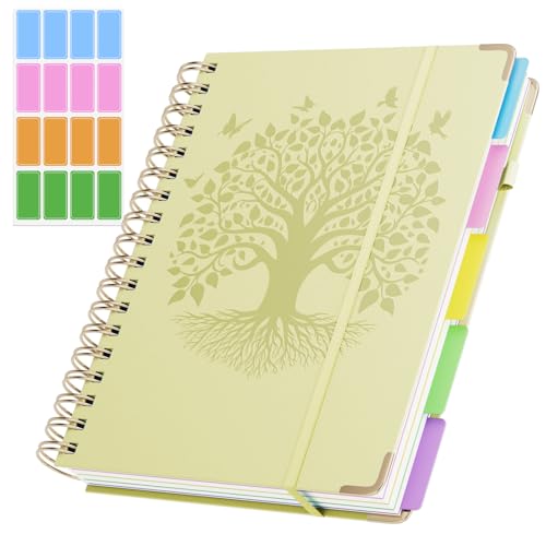 QIYVLOS Hardcover Spiral Notebook, B5 Journal with Removable Dividers Tabs, 5 Subject Notebook College Ruled, 320 Pages 8"x10" Leather Notebooks for Work School Study, Lined Journal for Women, Yellow - color: B5/Yellow