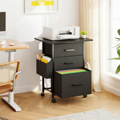 Mexin 3 Drawer File Cabinet with 22'' Extended Desktop, Mobile Filing Cabinet, Printer Stand, Rolling Printer Stand with Side Bag, Fabric Drawer, Fits A4 Size, Home Office, Black - color: Black