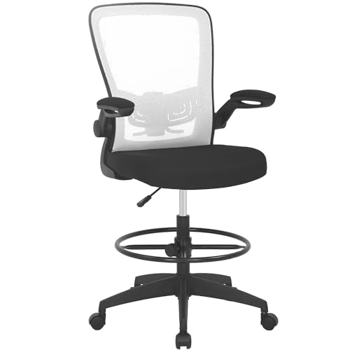 PayLessHere Ergonomic Drafting Chair Tall Office Chair High Adjustable Standing Desk Chair with Lumbar Support Mesh Back Footrest Flip-Up Arms for Office Computer Desk Standing Desk (White) - color: White