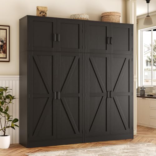 Unikito 71” Kitchen Pantry Storage Cabinet with Adjustable Shelves, 2 Pack | Large Farmhouse Storage Cupboard, Barn Doors, Sturdy and Deep, Versatile for Dinning Room, Living Room, Bathroom, Black - color: Black, size: 63 Inch