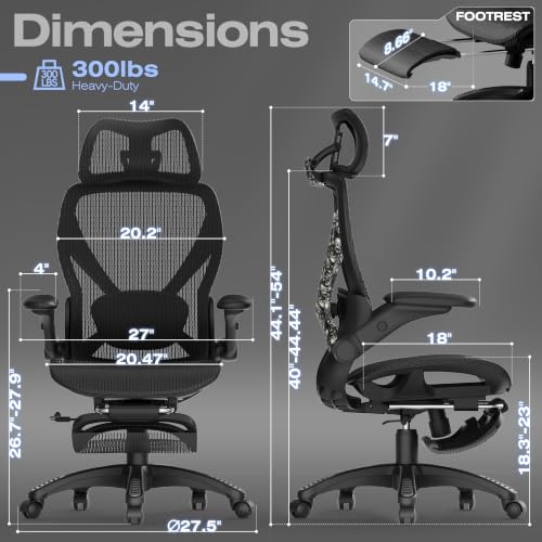 ELABEST X100 Ergonomic Mesh Office Chair with Footrest, Big and Tall Home Desk Chair with 5D Flip-Up Arms, Adjustable 3D Lumbar Support, Gaming & Executive Computer Chair (Night Reaper) - color: Night Reaper