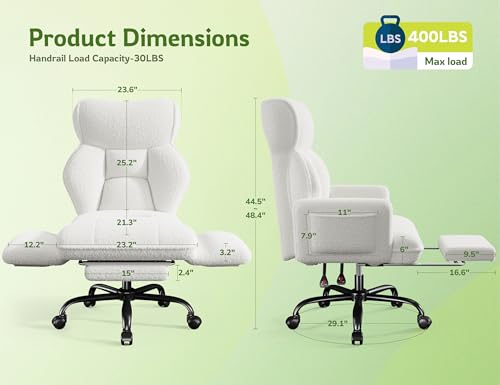 DurayLoly Big and Tall Office Chair with Footrest & Adjustable Armrests | 145° Reclining Backrest, Soft Teddy Fleece, Height Adjustable & 360° Swivel for Home Office, Bedroom, White - color: White