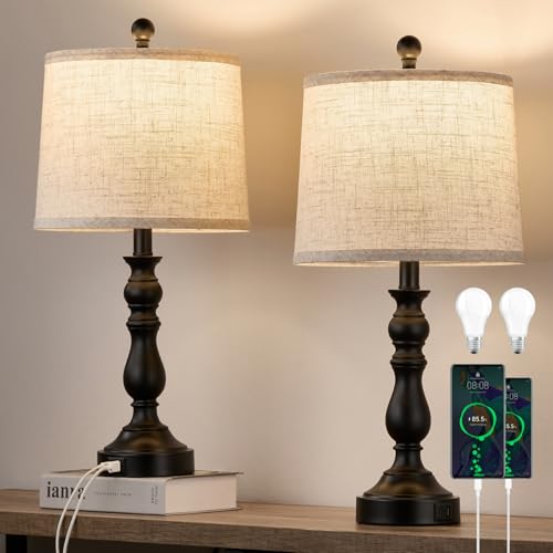 Black Table Lamps Set of 2, Black Lamps for Bedroom, USB C+A Ports - color: A.Beige, Black