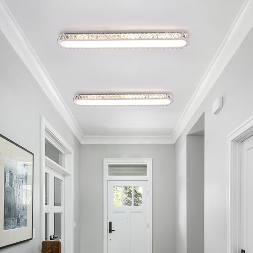 Qcyuui Dimmable LED Ceiling Light 39.4'' Kitchen Lighting Fixtures Ceiling Modern Luxury Crystal Ceiling Light with Remote Chrome Long Ceiling Light Fixture for Kitchen Dining Room Hallway,48W - color: Chrome/Dimm/48W/39.4IN/Crystal, size: 39.4in
