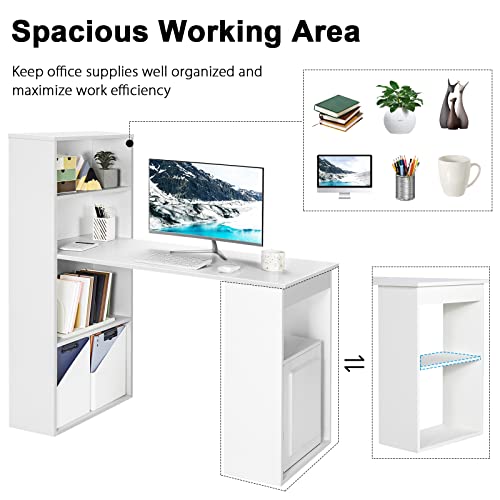 Tangkula White Computer Desk with Bookshelf, Writing Study Desk with Storage Shelves & CPU Stand, Modern Compact Computer Workstation for Home & Office, Space-Saving Design | Modern Compact Workstation w/Bookshelf Storage & CPU Stand, Space-Saving Design