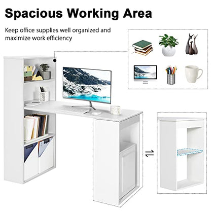Tangkula White Computer Desk with Bookshelf, Writing Study Desk with Storage Shelves & CPU Stand, Modern Compact Computer Workstation for Home & Office, Space-Saving Design | Modern Compact Workstation w/Bookshelf Storage & CPU Stand, Space-Saving Design