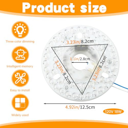 Ceiling Fan LED Light Replacement Disc 18W 4.9 in 120V 3CCT | Hardwired dimmable ceiling fan LED replacement panel with 3 CCT 3000K 4000K 5000K and anti-glare PC diffuser - size: 4.92 inch