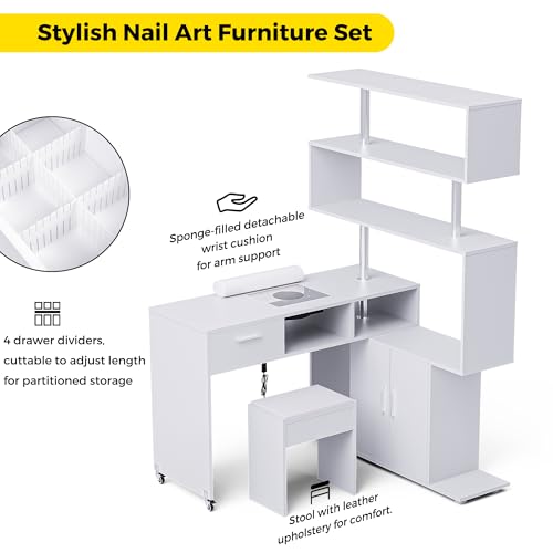 Kikihouse Manicure Table Nail Desk with Dust Collector, L-Shaped Nail Tech Desk with Stool, Two-Way Drawer, Cabinet & Storage Shelves, Rotating Reversible Manicure Workstation on Wheels (White) - color: White