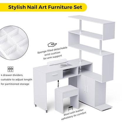 Kikihouse Manicure Table Nail Desk with Dust Collector, L-Shaped Nail Tech Desk with Stool, Two-Way Drawer, Cabinet & Storage Shelves, Rotating Reversible Manicure Workstation on Wheels (White) - color: White