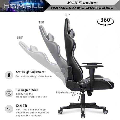 Homall Gaming Chair, Office Chair High Back Computer Chair Leather Desk Chair Racing Executive Ergonomic Adjustable Swivel Task Chair with Headrest and Lumbar Support (Grey) - color: Grey