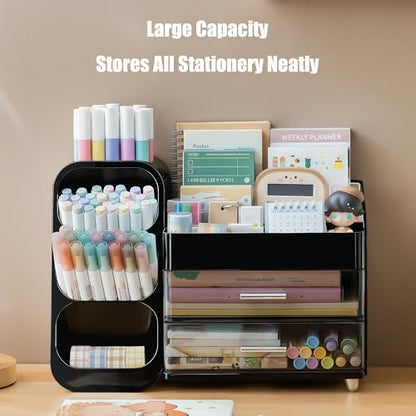 Desk Organizer with Pen Pencil Holder, Pen Organizer with 2 Drawers & 4 Compartments, Desktop Organizers and Storage for Office Home School Art Supplies (Black)