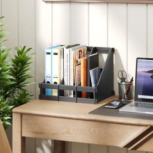 Bamboo Desk File Organizer, 3-Compartment Magazine Holder(Black) | 3 vertical compartments organize files, folders, magazines and mail while saving valuable desk space. - color: Black