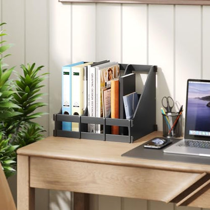 Bamboo Desk File Organizer, 3-Compartment Magazine Holder(Black) | 3 vertical compartments organize files, folders, magazines and mail while saving valuable desk space. - color: Black