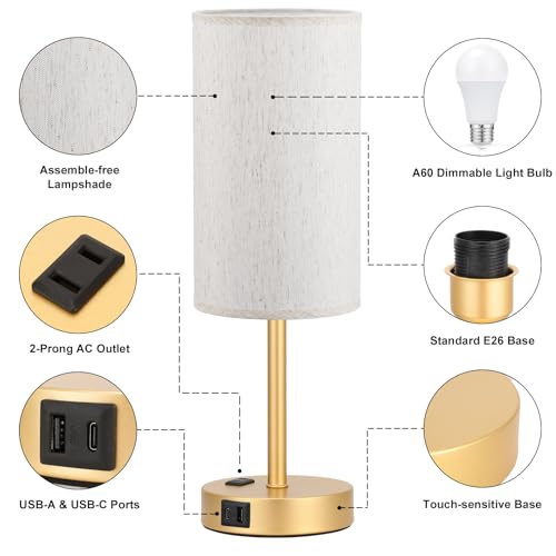 Fenmzee Touch Table Lamp - Cream, 3-Way Dimmable, USB A + C Charging, AC Outlet, 17.4inch Medium, Gold Metal Base - color: Cream - Gold, size: 17.4" Touch Control