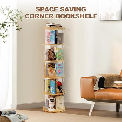 TAKEKIT 360° Rotating Bookshelf, 5-Tier Spinning Book Shelf Tower with Solid Wood & Clear Acrylic, Round Revolving Bookcase for Living Room, Bedroom and Office - color: Natural Round, size: 5-Tier